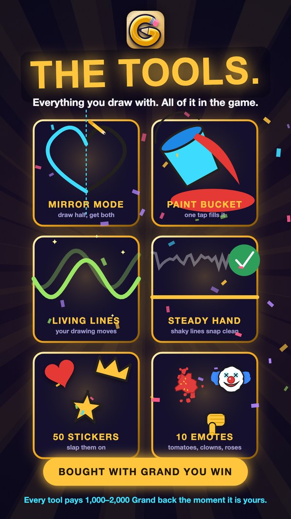 The drawing tools: Mirror Mode, Paint Bucket, Living Lines, Steady Hand, stickers, emotes