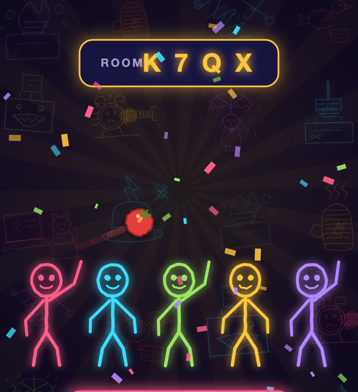 A friends room with a room code and ten stick figures