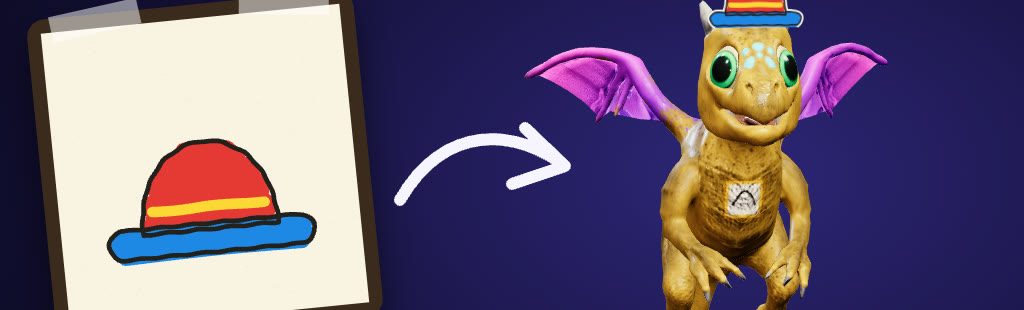RIKU the dragon wearing a hat that was drawn for him